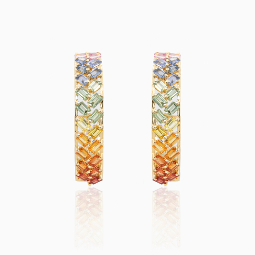 Natural Multi-Color Sapphire Hoop Earrings, 14k Yellow Gold