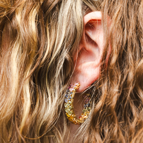 Natural Multi-Color Sapphire Hoop Earrings, 14k Yellow Gold