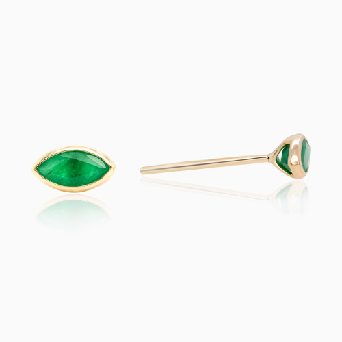 Natural Marquise Emerald Stud Earrings, 14k Yellow Gold