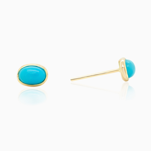 Oval Natural Turquoise Stud Earrings, 14k Yellow Gold