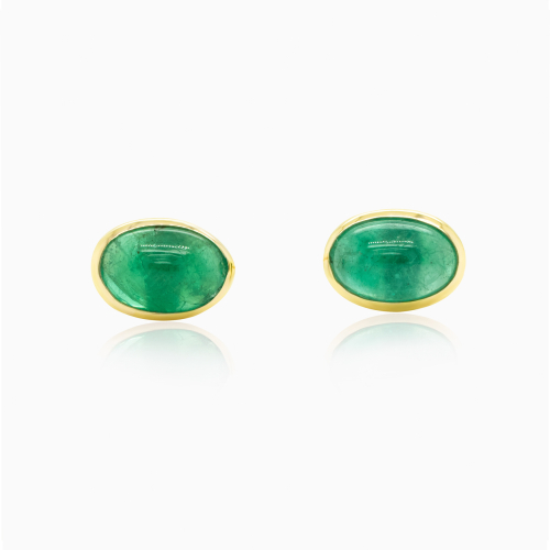 Cabochon-cut Natural Emarald Stud Earrings, 14k Yellow gold
