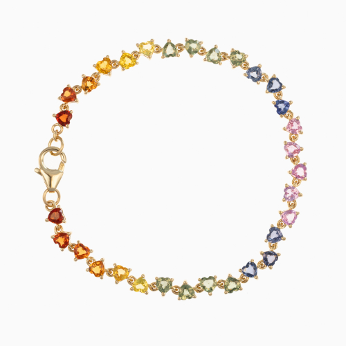 Heart-Shaped Multi-Color Natural Sapphire Bracelet, 14k Yellow Gold