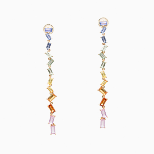 Multi-Color Sapphire Baguette Cascade Earrings, 14k Yellow Gold