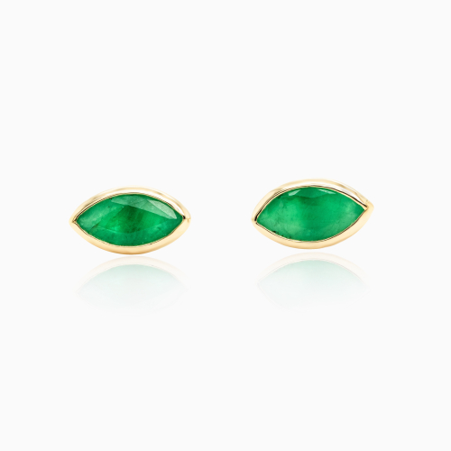 Natural Marquise Emerald Stud Earrings, 14k Yellow Gold