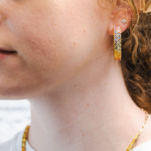 Natural Multi-Color Sapphire Hoop Earrings, 14k Yellow Gold