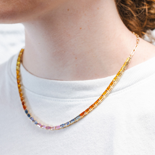 Natural Multi-Sapphire Tennis Necklace, 14k Yellow Gold