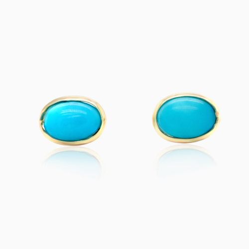 Oval Natural Turquoise Stud Earrings, 14k Yellow Gold