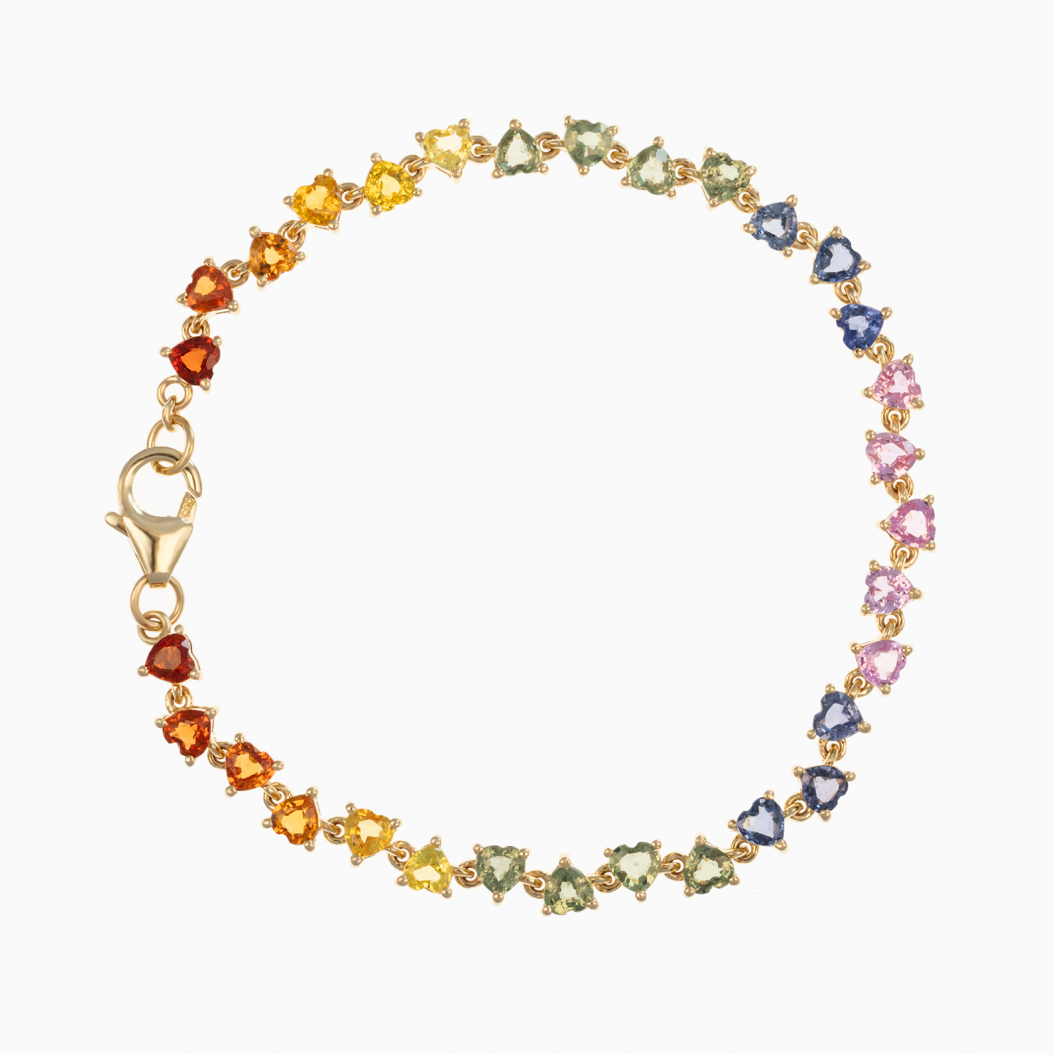 Heart-Shaped Multi-Color Natural Sapphire Bracelet, 14k Yellow Gold