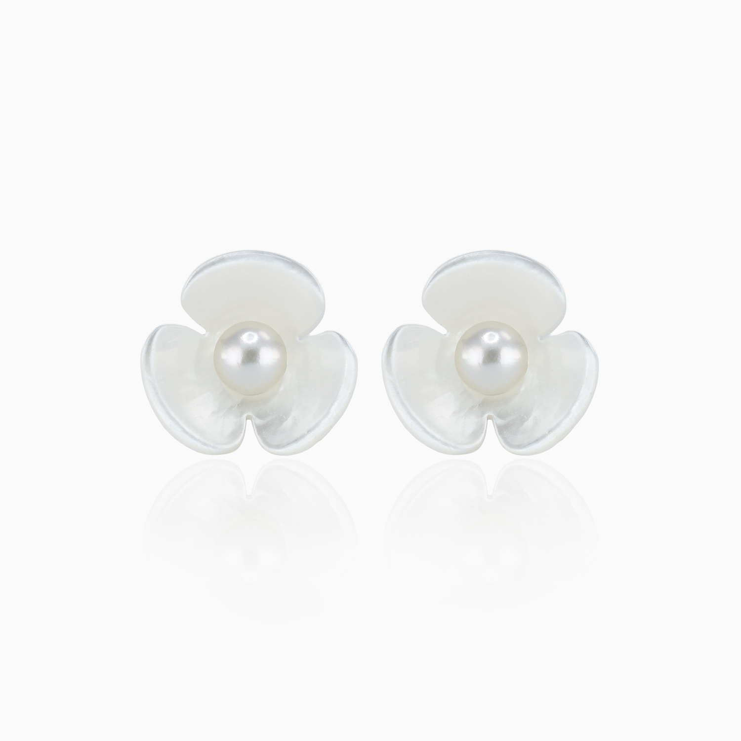 Three-Petal Mother-of-Pearl Flower Stud Earrings with Freshwater Pearls, 14k Gold