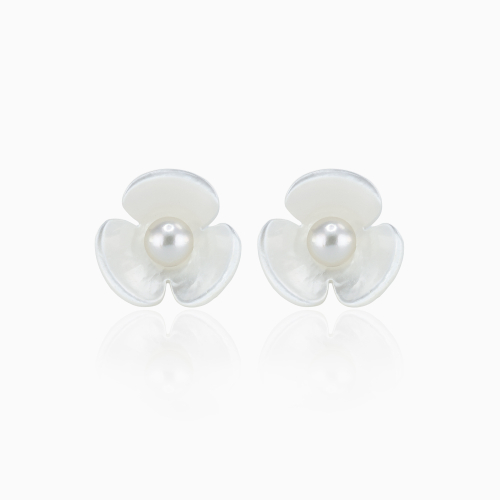 Three-Petal Mother-of-Pearl Flower Stud Earrings with Freshwater Pearls, 14k Gold