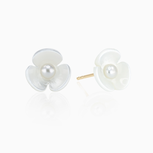 Three-Petal Mother-of-Pearl Flower Stud Earrings with Freshwater Pearls, 14k Gold