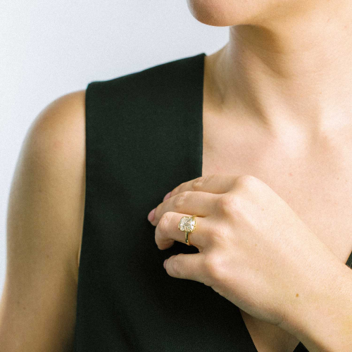 Vintage Cushion-Cut Diamond Hidden Halo Engagement Ring,  Lab-Grown, 14k Gold