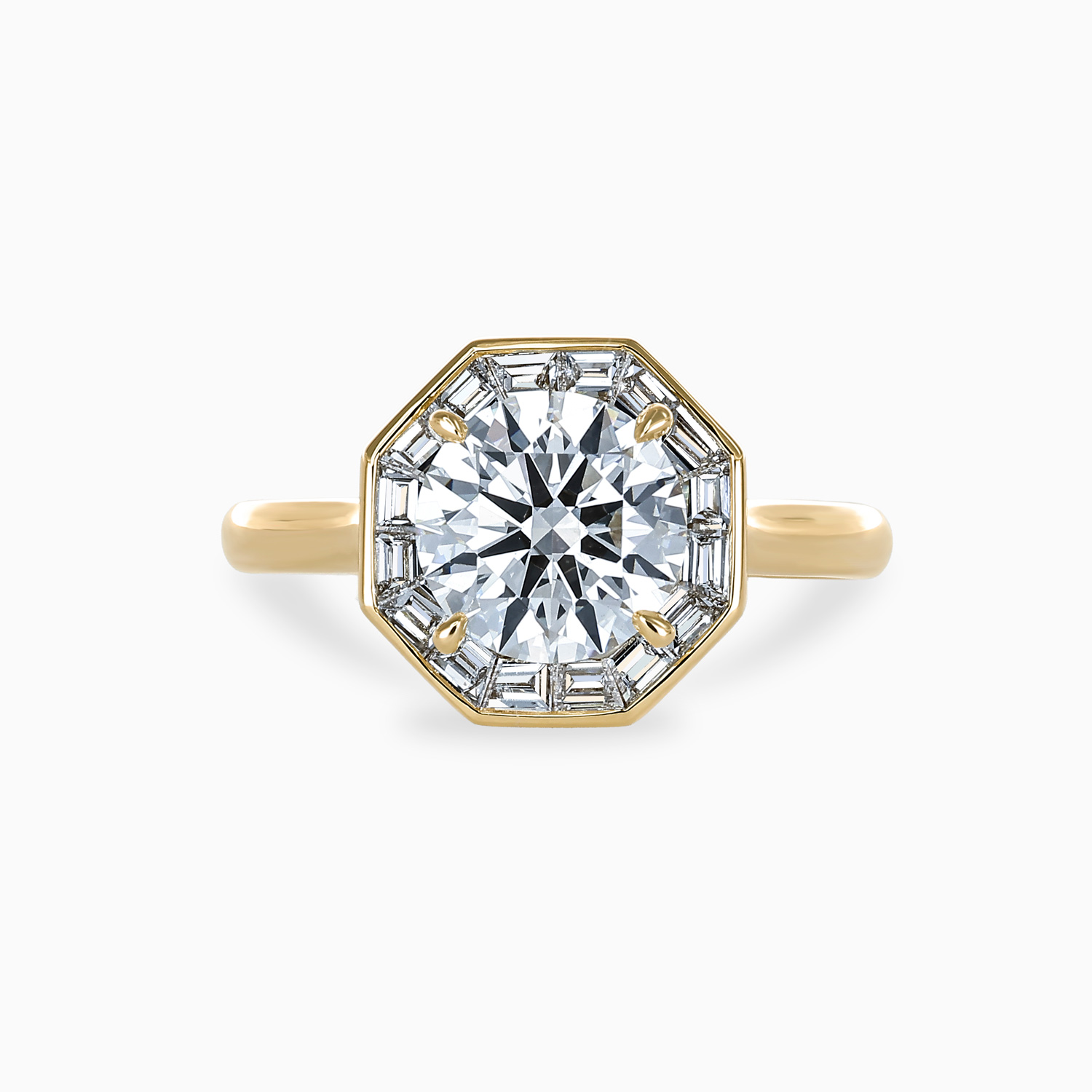 Round Diamond Octagonal Baguette Halo Engagement Ring