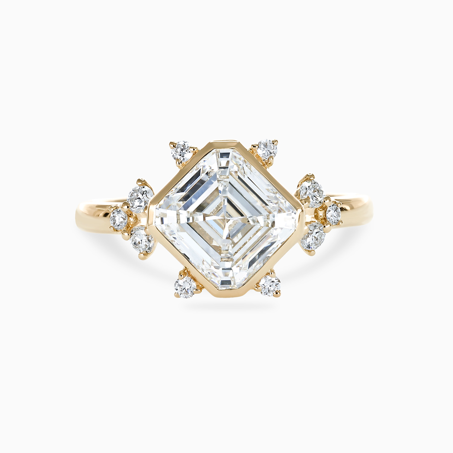 Diagonal Asscher-Cut Diamond Satellite Cluster Engagement Ring