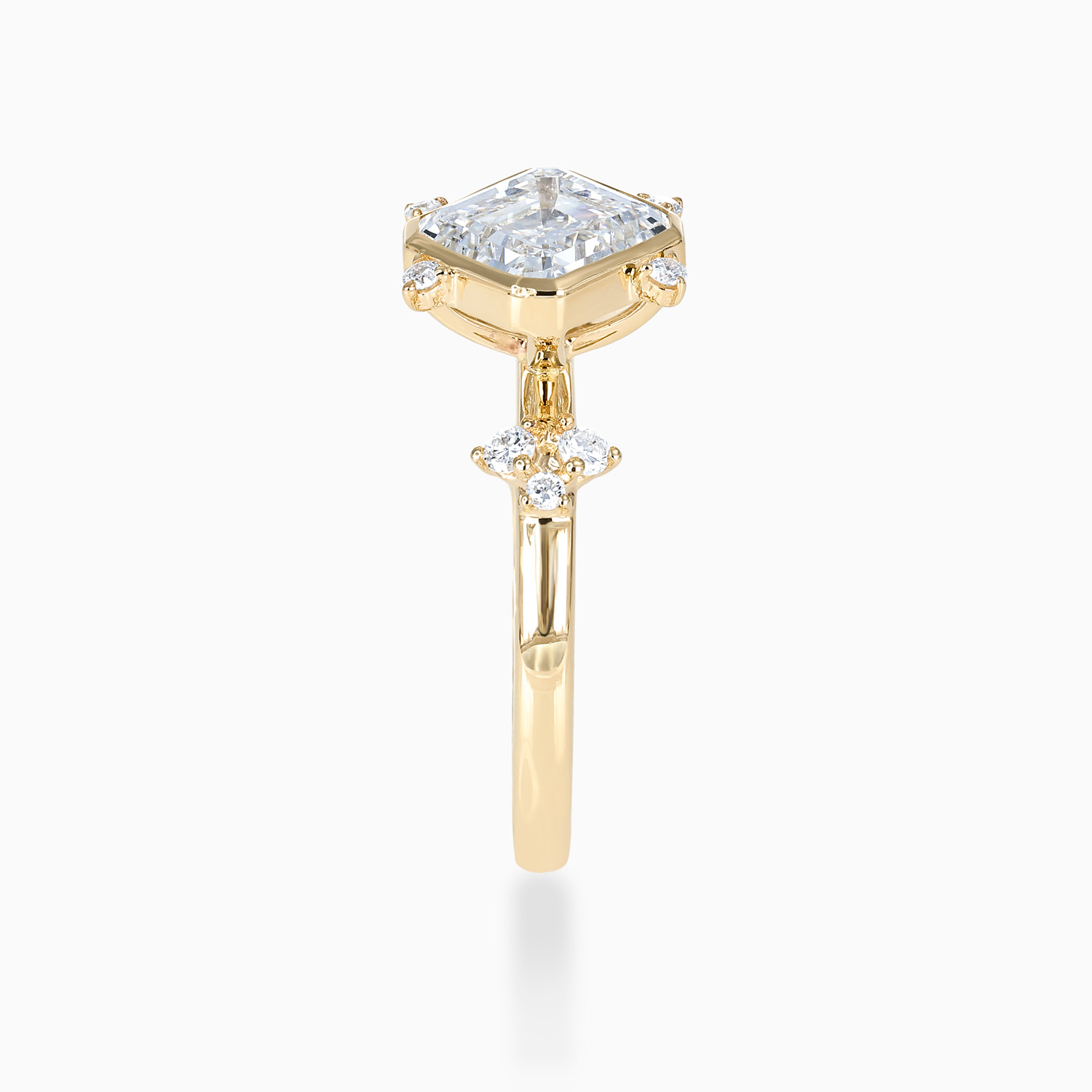 Diagonal Asscher-Cut Diamond Satellite Cluster Engagement Ring