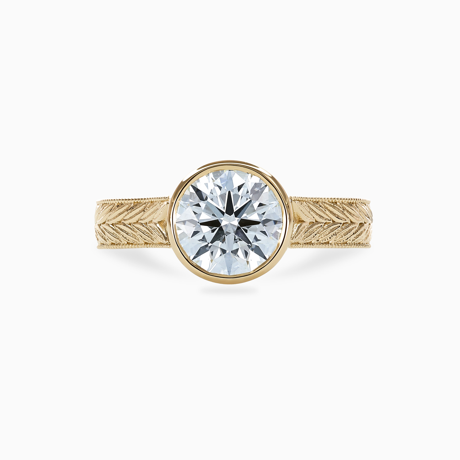 Hand-Engraved Chevron Pattern Bezel-Set Diamond Engagement Ring