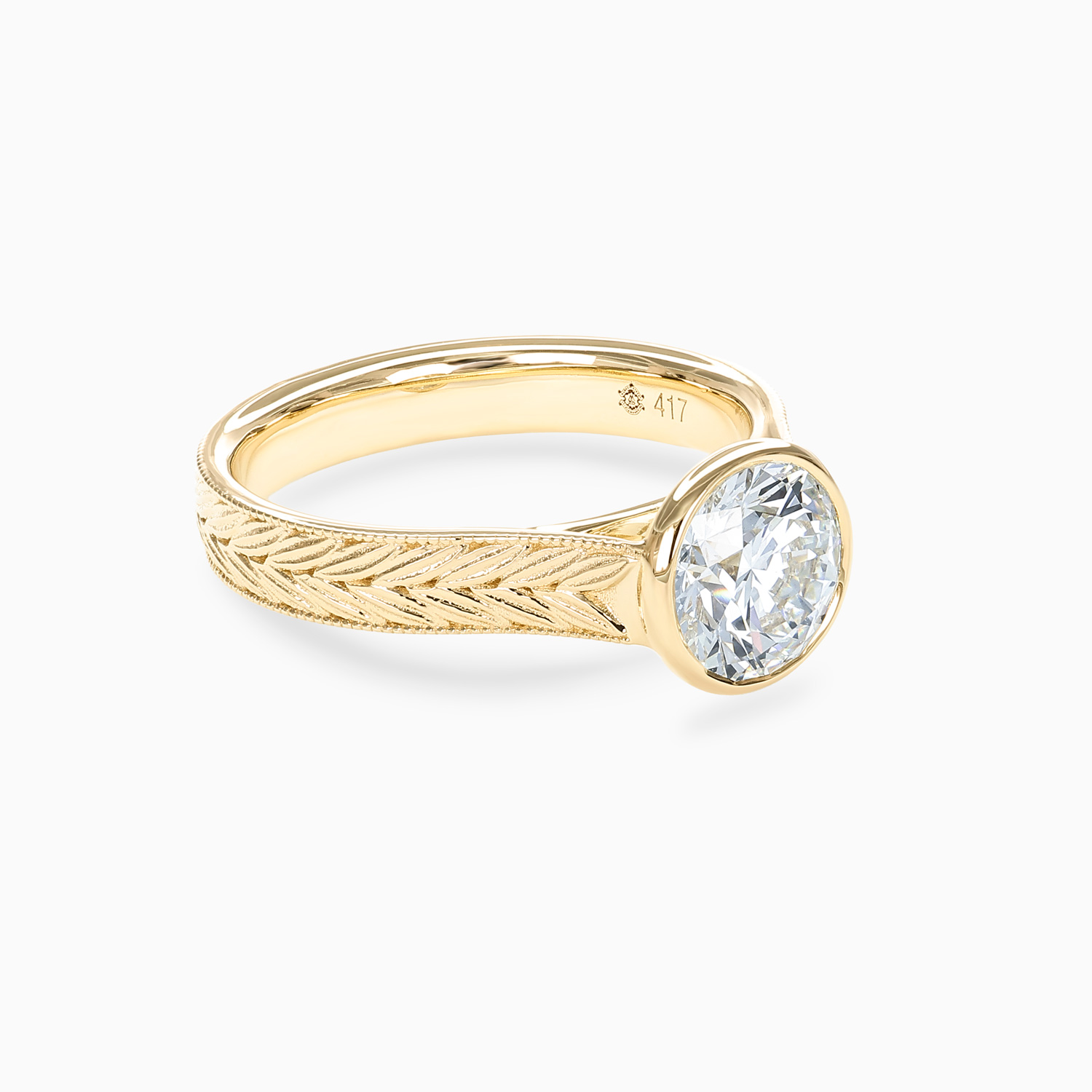Hand-Engraved Chevron Pattern Bezel-Set Diamond Engagement Ring