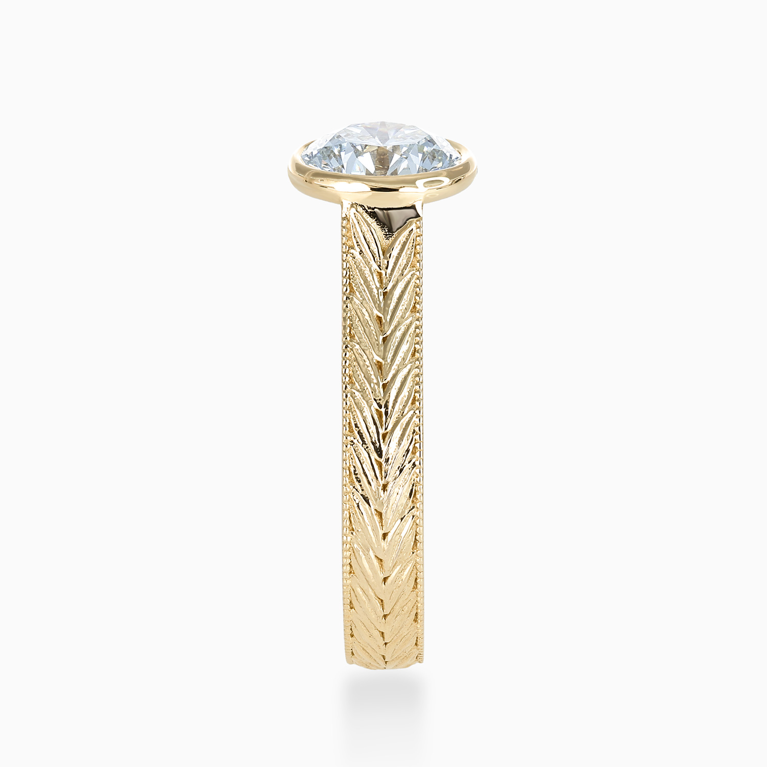 Hand-Engraved Chevron Pattern Bezel-Set Diamond Engagement Ring