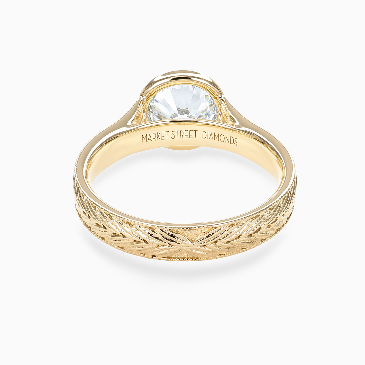 Hand-Engraved Chevron Pattern Bezel-Set Diamond Engagement Ring