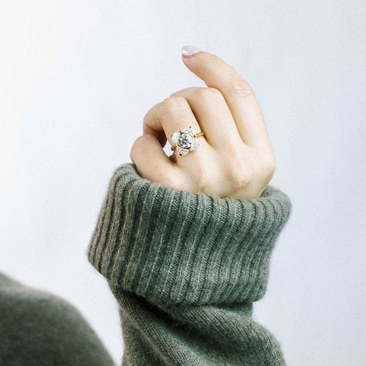Round Brilliant and Half-Moon Diamond Floral-Inspired Engagement Ring, Lab-Grown