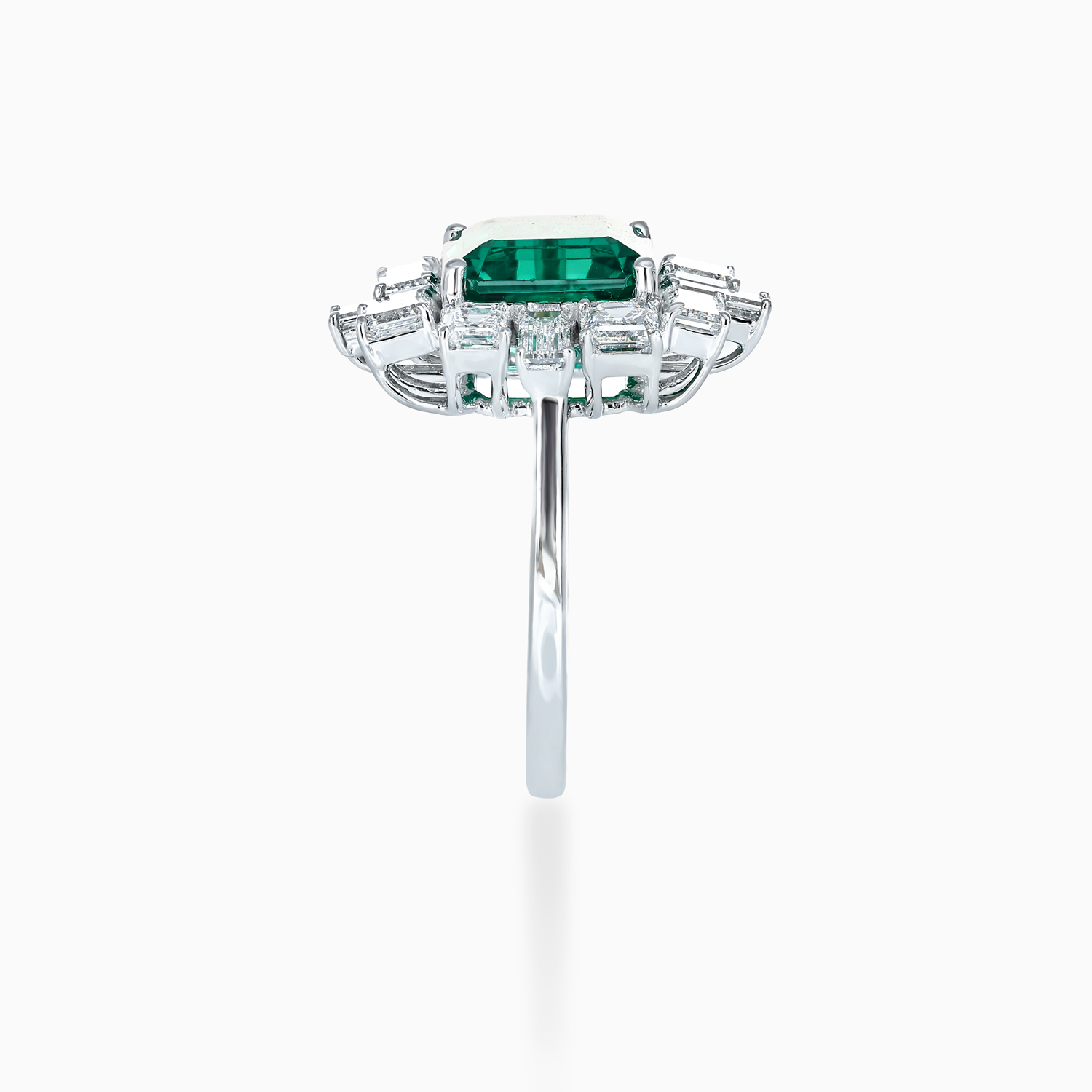 Art Deco–Inspired Square Emerald and Diamond Halo Ring, 14k White Gold