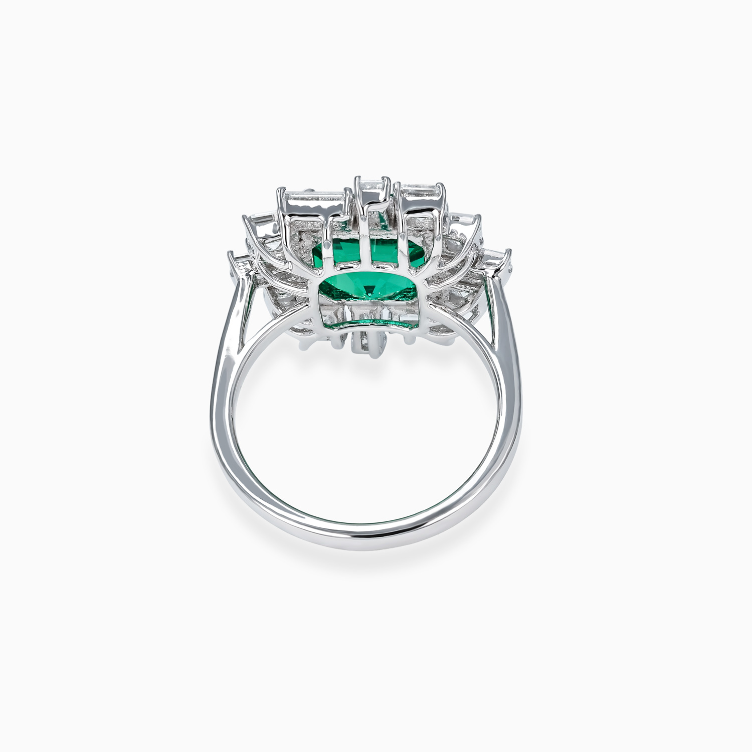 Art Deco–Inspired Square Emerald and Diamond Halo Ring, 14k White Gold
