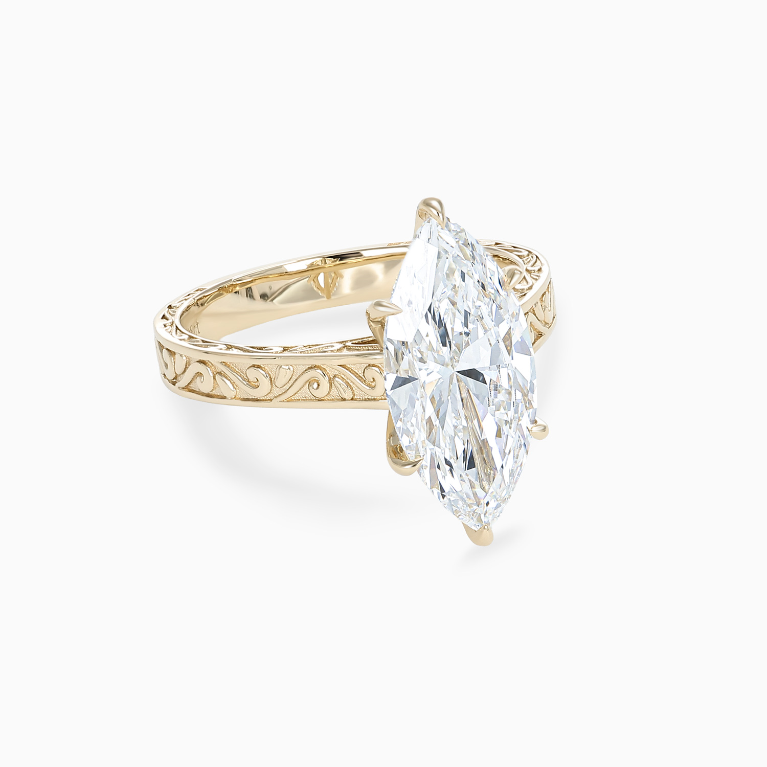 Marquise Diamond Solitaire Scroll-Engraved Ring, Lab-Grown