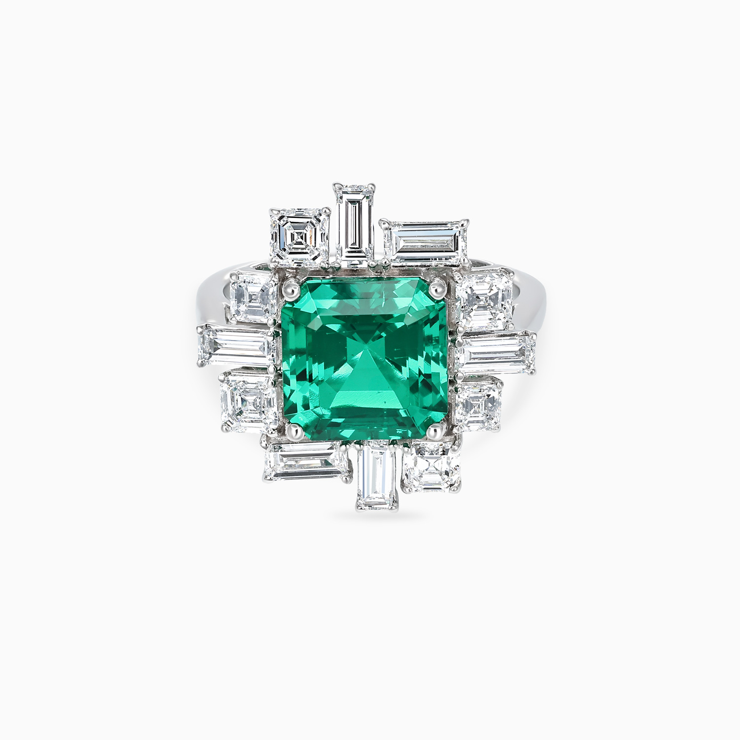 Art Deco–Inspired Square Emerald and Diamond Halo Ring, 14k White Gold
