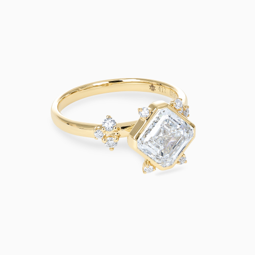 Diagonal Asscher-Cut Diamond Satellite Cluster Engagement Ring