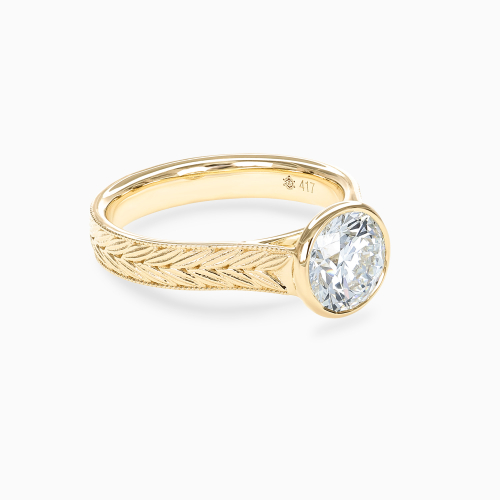 Hand-Engraved Chevron Pattern Bezel-Set Diamond Engagement Ring