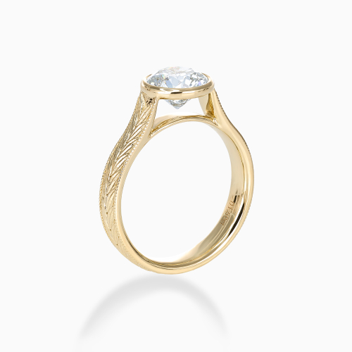 Hand-Engraved Chevron Pattern Bezel-Set Diamond Engagement Ring