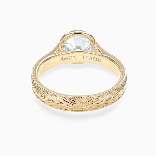 Hand-Engraved Chevron Pattern Bezel-Set Diamond Engagement Ring