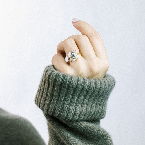 Round Brilliant and Half-Moon Diamond Floral-Inspired Engagement Ring, Lab-Grown
