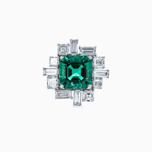 Art Deco–Inspired Square Emerald and Diamond Halo Ring, 14k White Gold