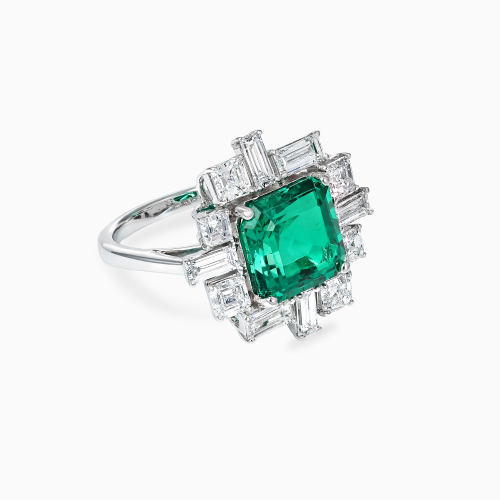Art Deco–Inspired Square Emerald and Diamond Halo Ring, 14k White Gold