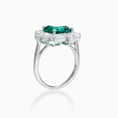 Art Deco–Inspired Square Emerald and Diamond Halo Ring, 14k White Gold