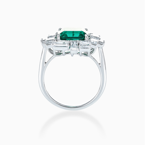 Art Deco–Inspired Square Emerald and Diamond Halo Ring, 14k White Gold