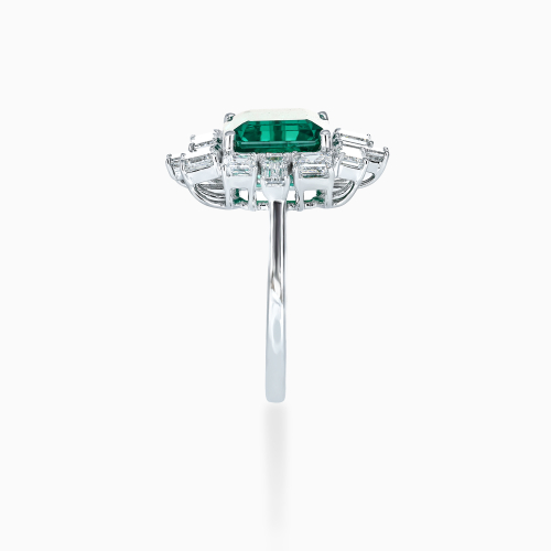 Art Deco–Inspired Square Emerald and Diamond Halo Ring, 14k White Gold