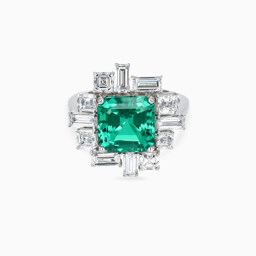 Art Deco–Inspired Square Emerald and Diamond Halo Ring, 14k White Gold