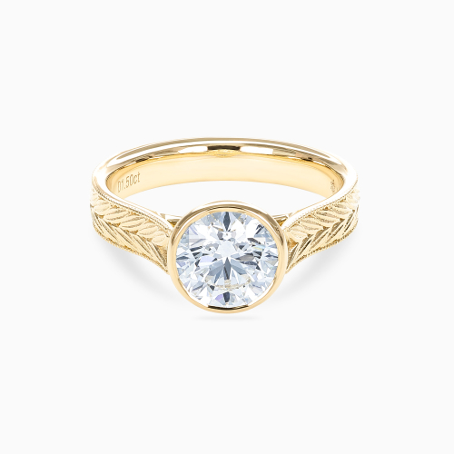 Hand-Engraved Chevron Pattern Bezel-Set Diamond Engagement Ring