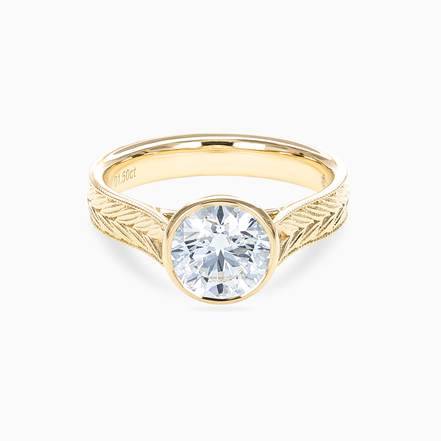 Hand-Engraved Chevron Pattern Bezel-Set Diamond Engagement Ring