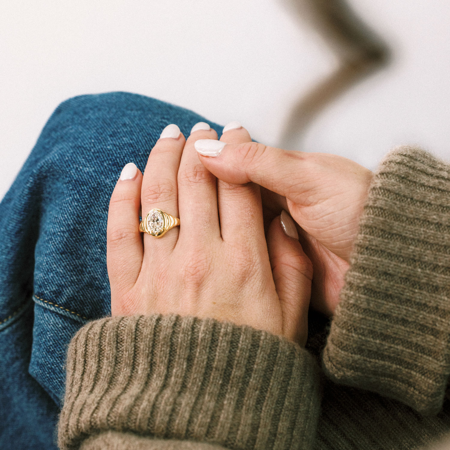 Croissant Motif Oval Diamond Solitaire Engagement Ring