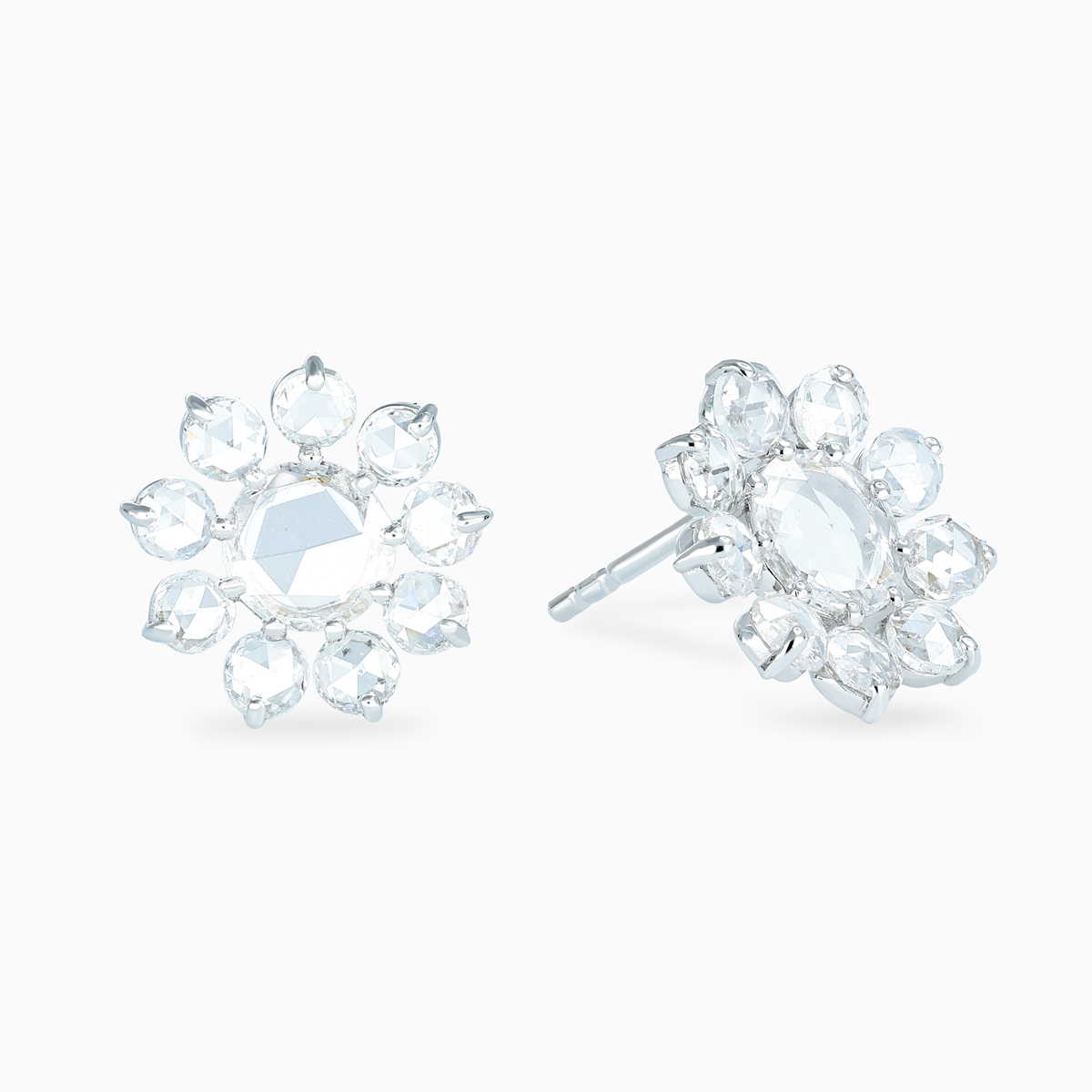 Rose-Cut Diamond Rosette Stud Earrings, Lab-Grown, 14k White Gold