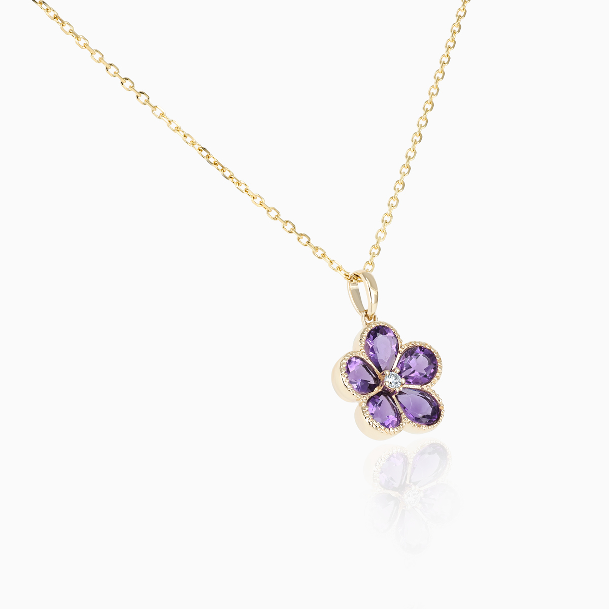Natural Amethyst and Diamond Floral Necklace, 14k Yellow Gold