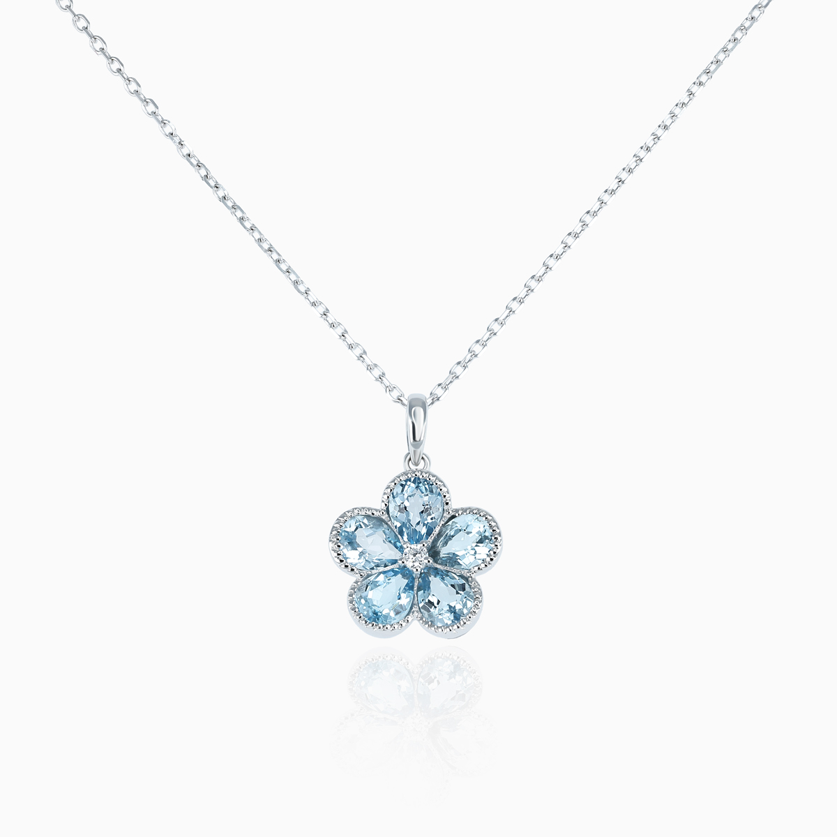 Natural Blue Topaz and Diamond Floral Pendant Necklace, 14k White Gold