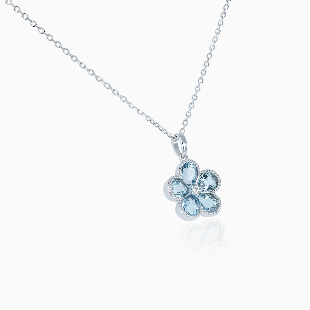 Natural Blue Topaz and Diamond Floral Pendant Necklace, 14k White Gold