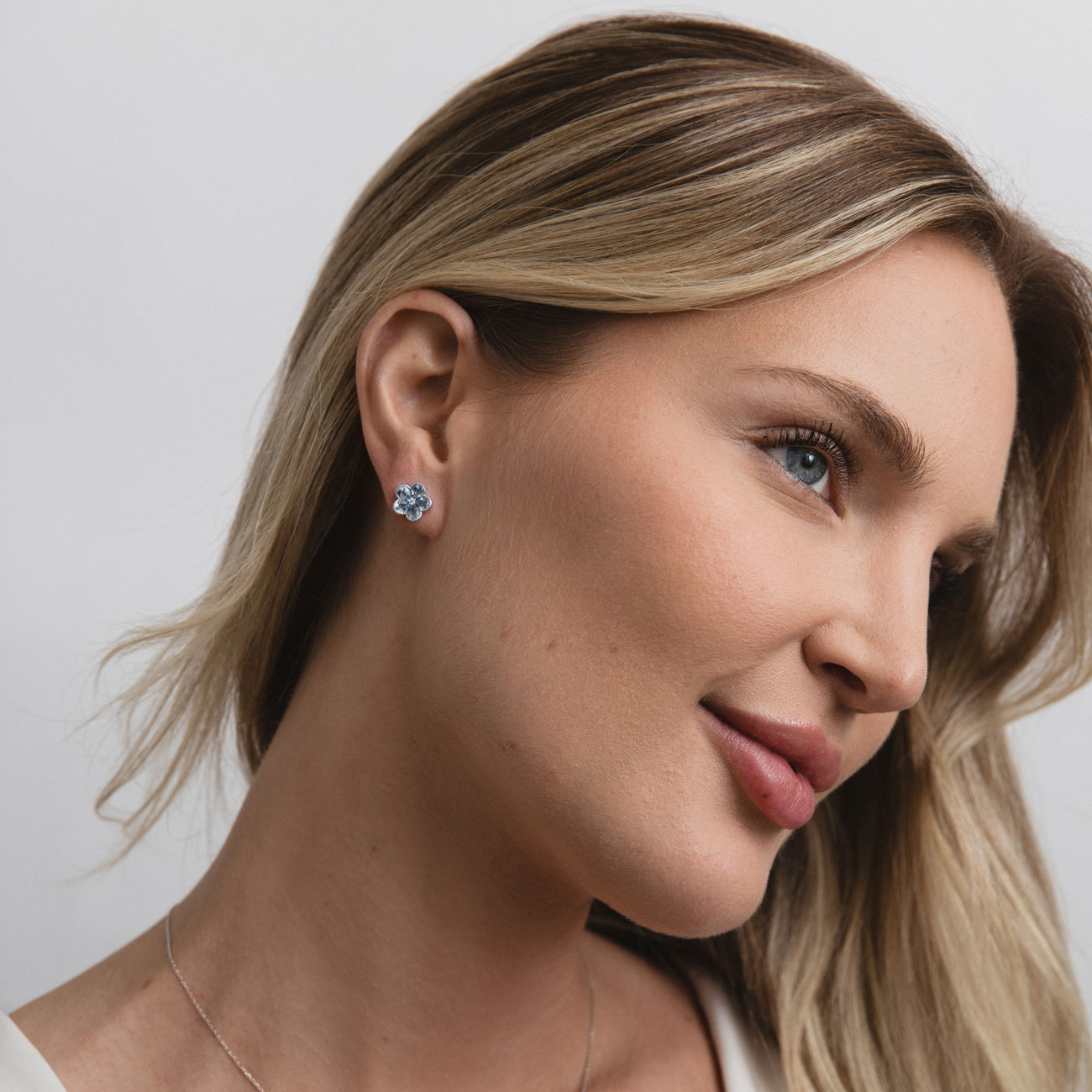 Natural Diamond and Blue Topaz Floral Stud Earrings, 14k White Gold