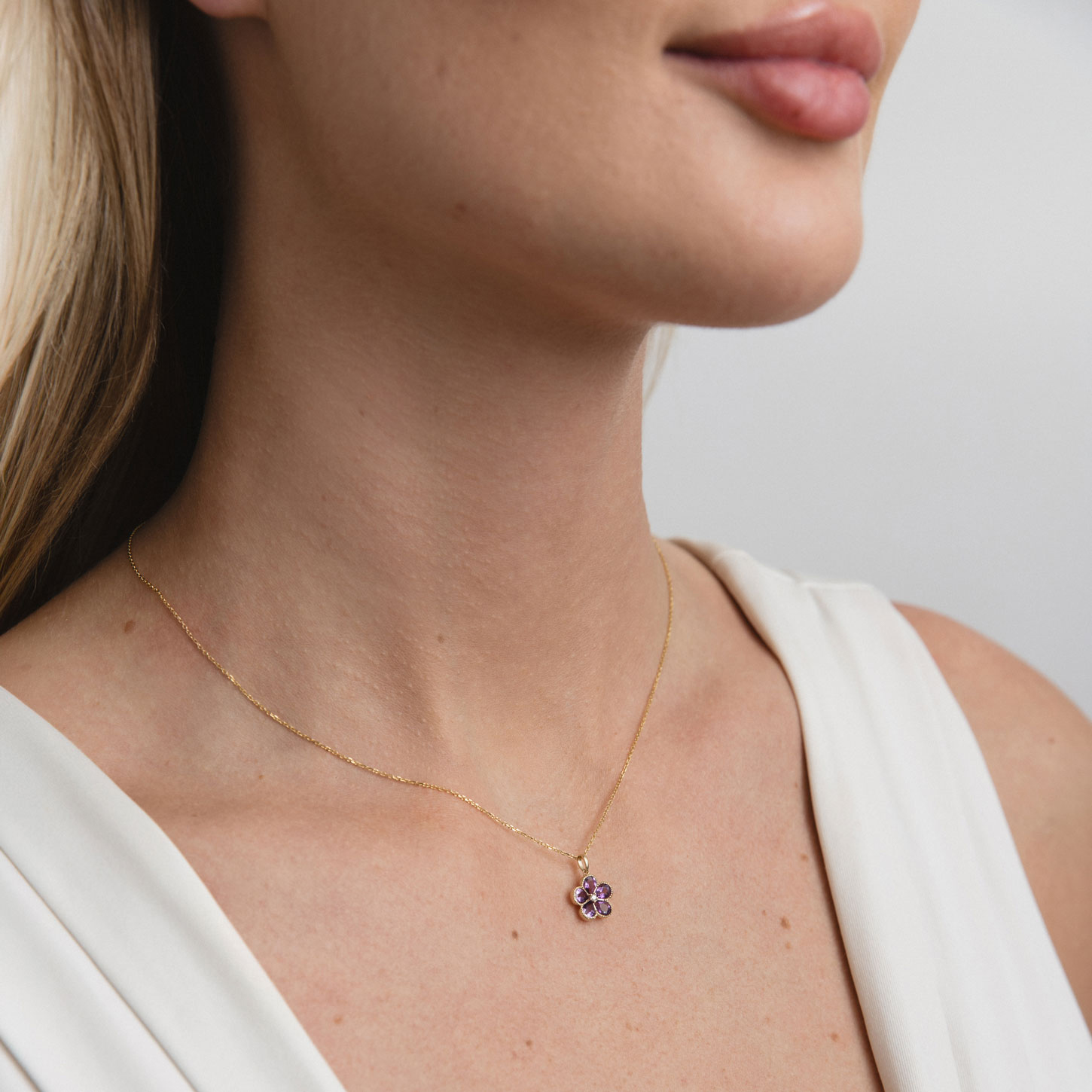 Natural Amethyst and Diamond Floral Necklace, 14k Yellow Gold