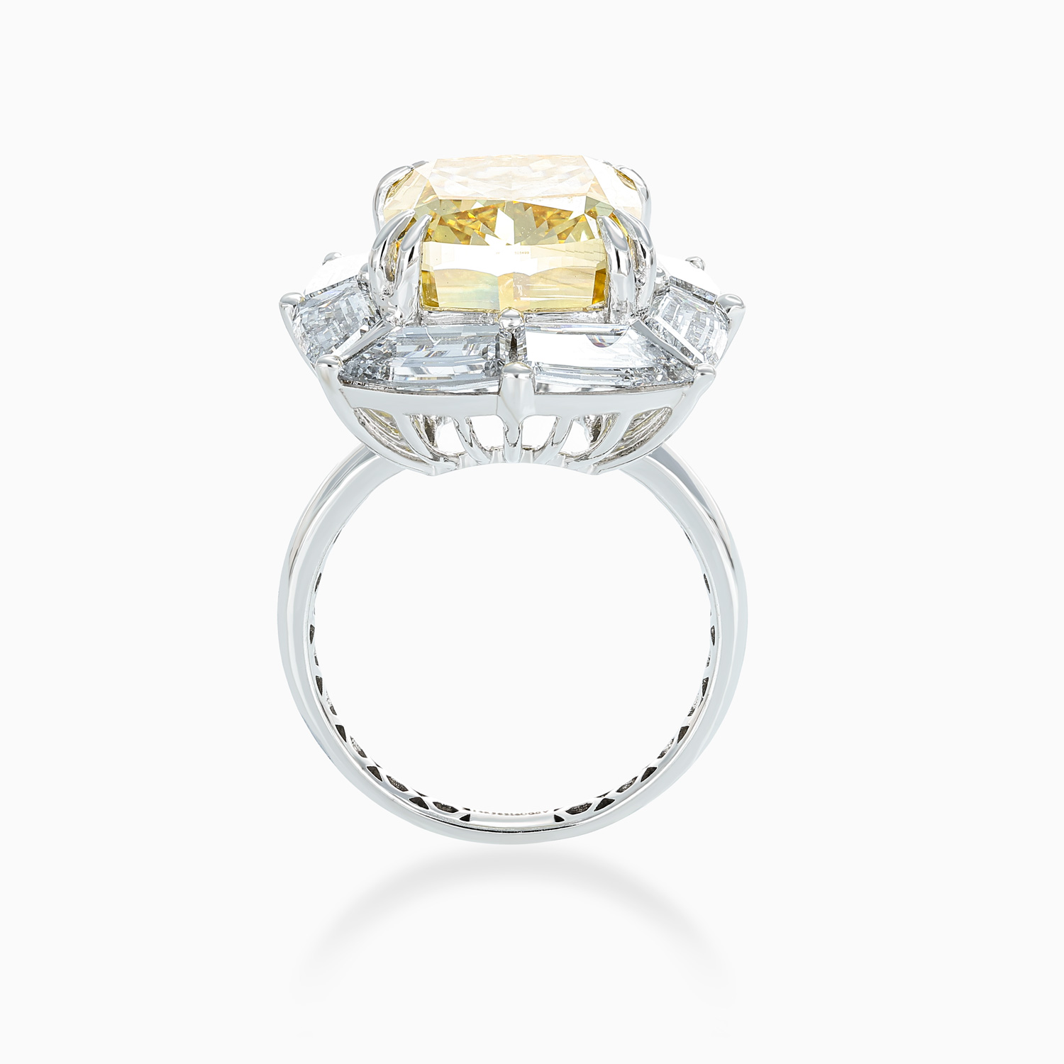 Art Deco Fancy Yellow Cushion Diamond Halo Ring, Lab-Grown, 14k White Gold