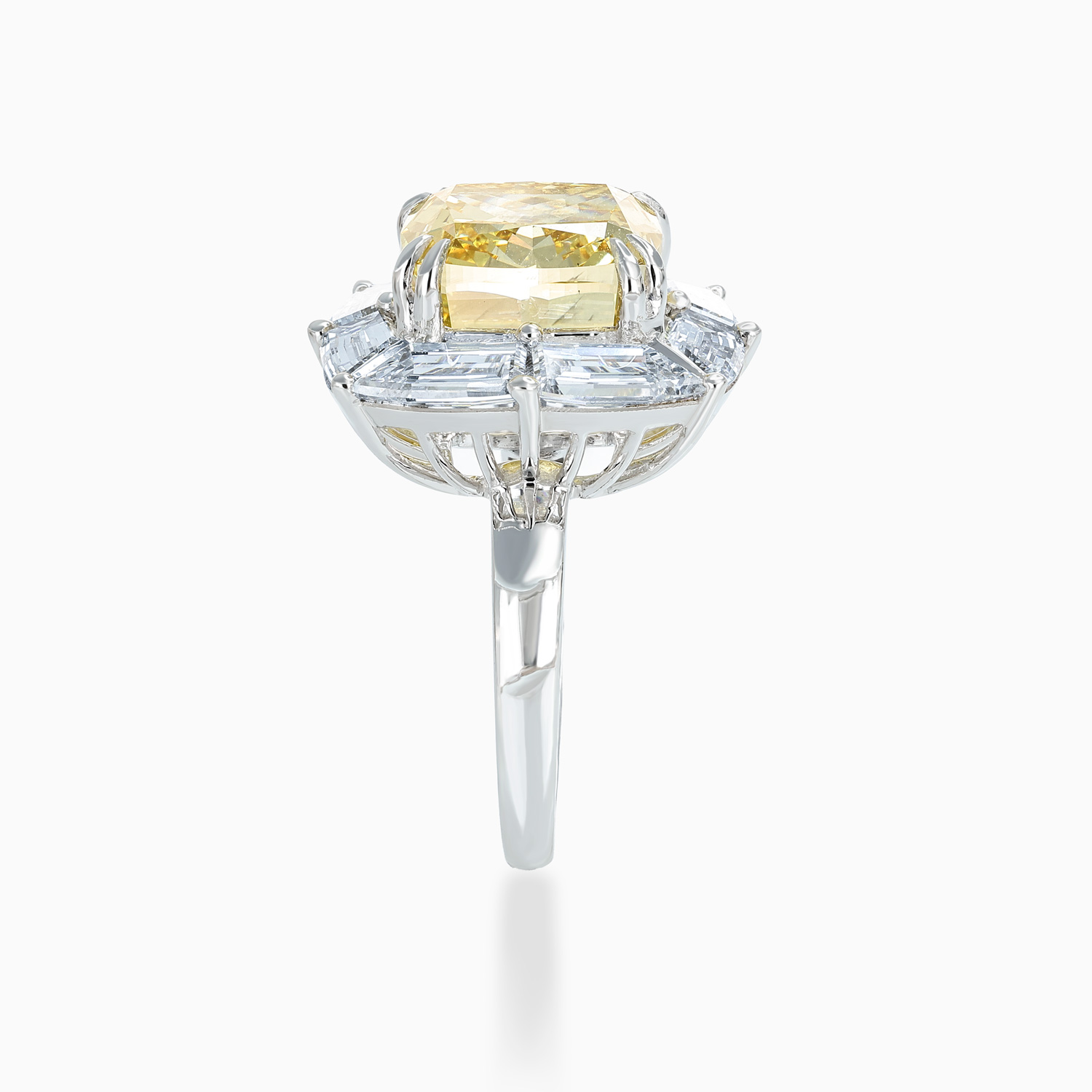 Art Deco Fancy Yellow Cushion Diamond Halo Ring, Lab-Grown, 14k White Gold